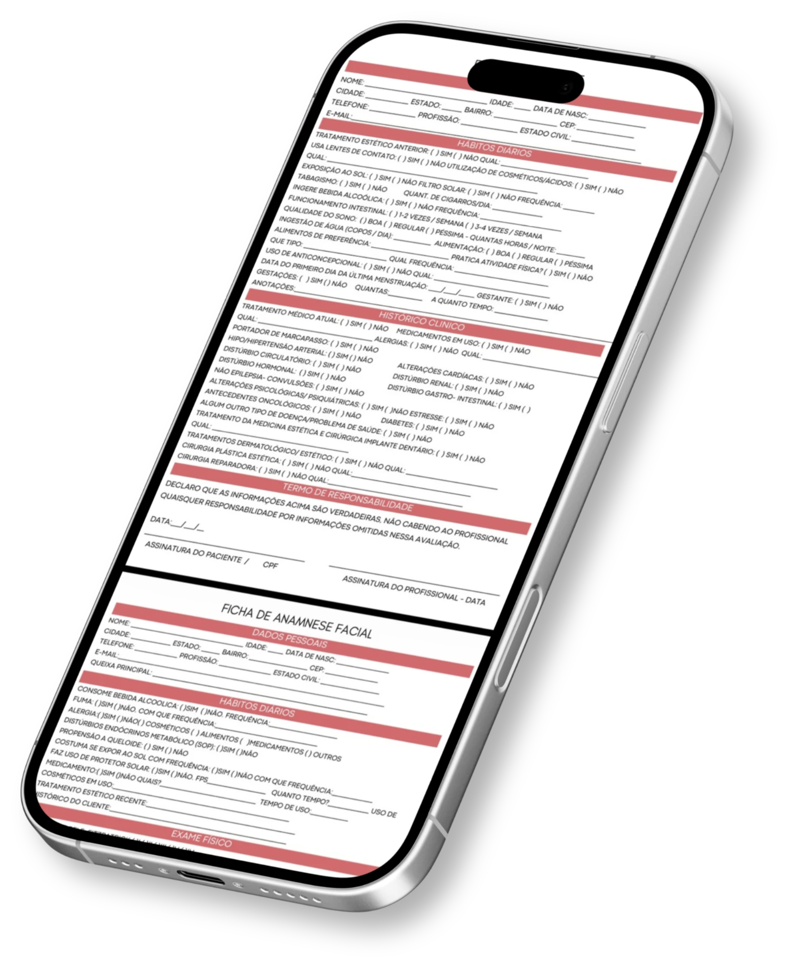 Mockup das fichas de anamnese em um celular